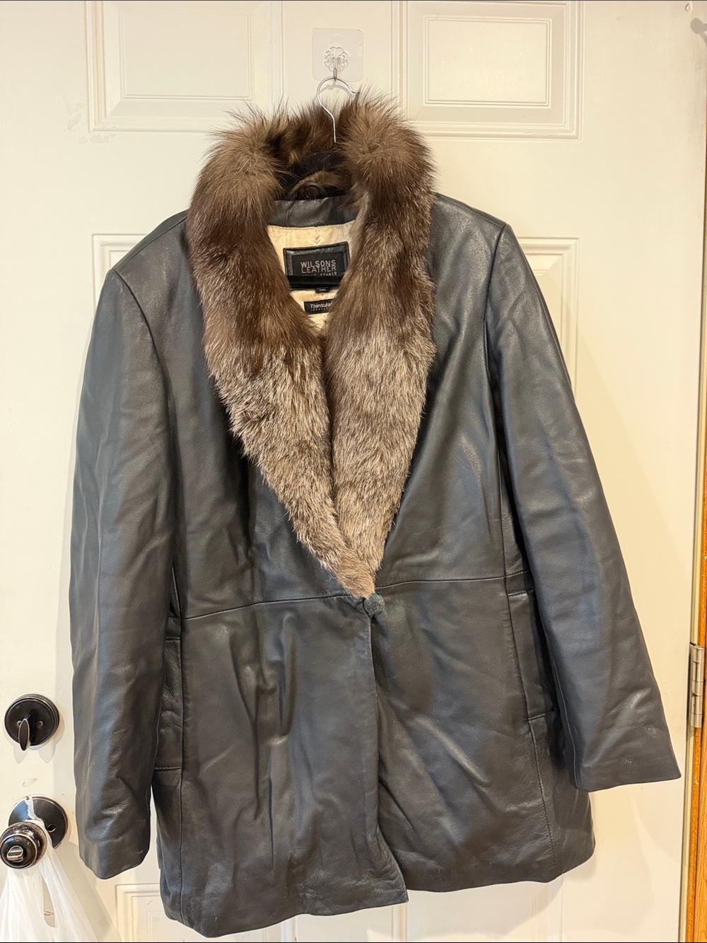Wilsons Leather Black Leather Jacket with Brown Fur Trim